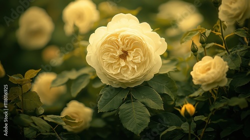 Beautiful soft yellow roses blooming among lush green foliage in garden setting