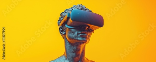 Statue wears VR headset against vibrant yellow background. Futuristic art concept. Virtual reality experience simulated. Modern design for banner header. Image suitable for tech companies, VRAR photo