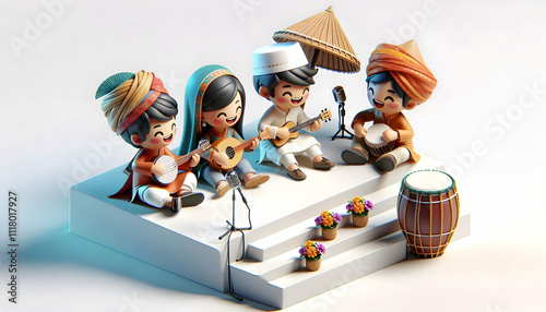 3D Candid shot of friends enjoying traditional music and dance with copy space below. concept as Friends immerse themselves in traditional music and dance performances capturing joy and cultural appre photo