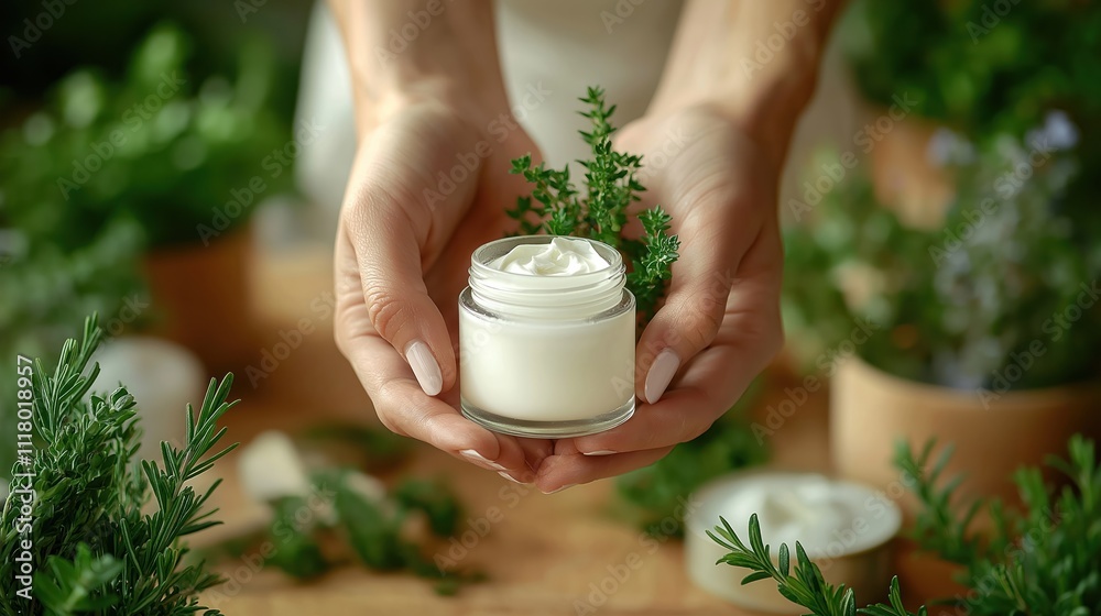 Woman holds jar of white cream with green herbs. Natural cosmetic product. Eco-friendly spa care. Healthy skin treatment. Wooden table background. Fresh herbs like rosemary, thyme. Beauty concept. Woman holds jar of white cream with green herbs. Natural cosmetic product. Eco-friendly spa care. Healthy skin treatment. Wooden table background. Fresh herbs like rosemary, thyme. Beauty concept.