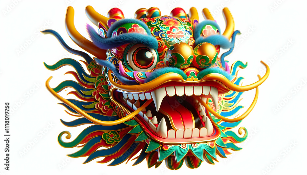 Fototapeta premium 3D Close up of a dragon dance mask with vibrant colors and copy space below. concept as A detailed macro shot of a dragon dance mask featuring vibrant colors and intricate designs representing strengt