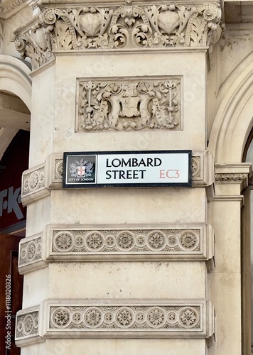 Lombard Street sign on the wall of an historic building in the City of London, England. 