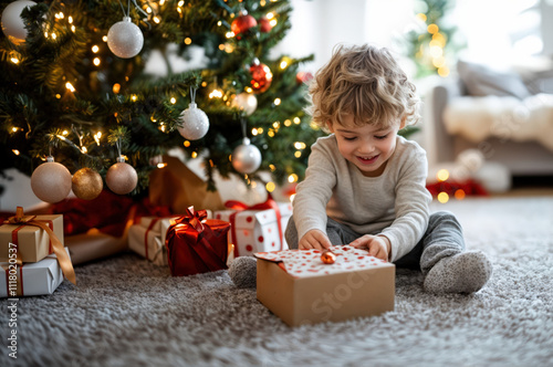 Petit garçon très heureux découvre ses cadeaux au pied du sapin de noël