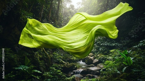 A vibrant green fabric flows through a lush forest, blending nature and elegance.