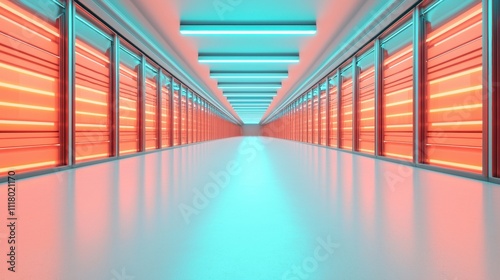 Modern Storage Facility Interior with Neon Lights and Reflective Floors