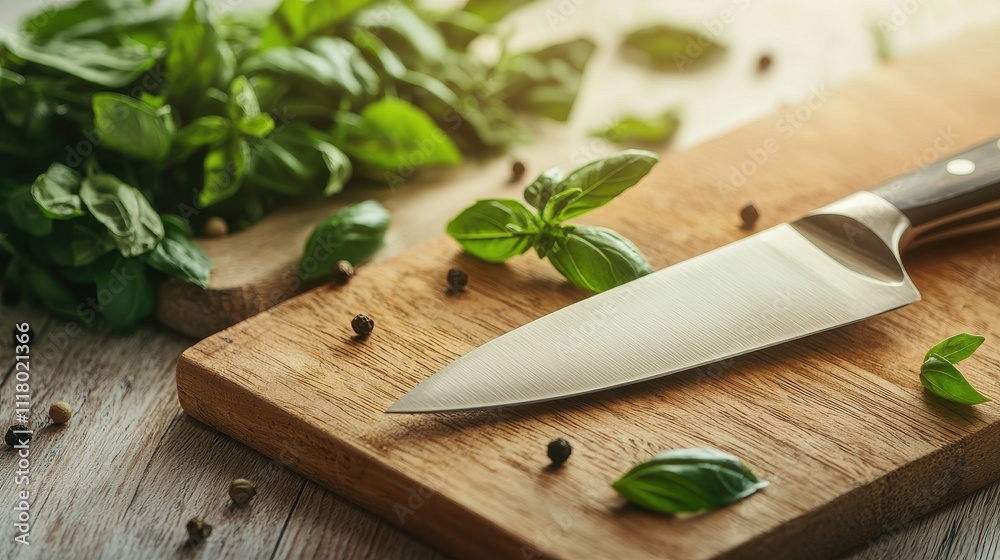 Sharp Kitchen Knife Resting on Wooden Cutting Board Surrounded by Fresh Herbs and Spices in a Well-Lit Setting Sharp Kitchen Knife Resting on Wooden Cutting Board Surrounded by Fresh Herbs and Spices in a Well-Lit Setting