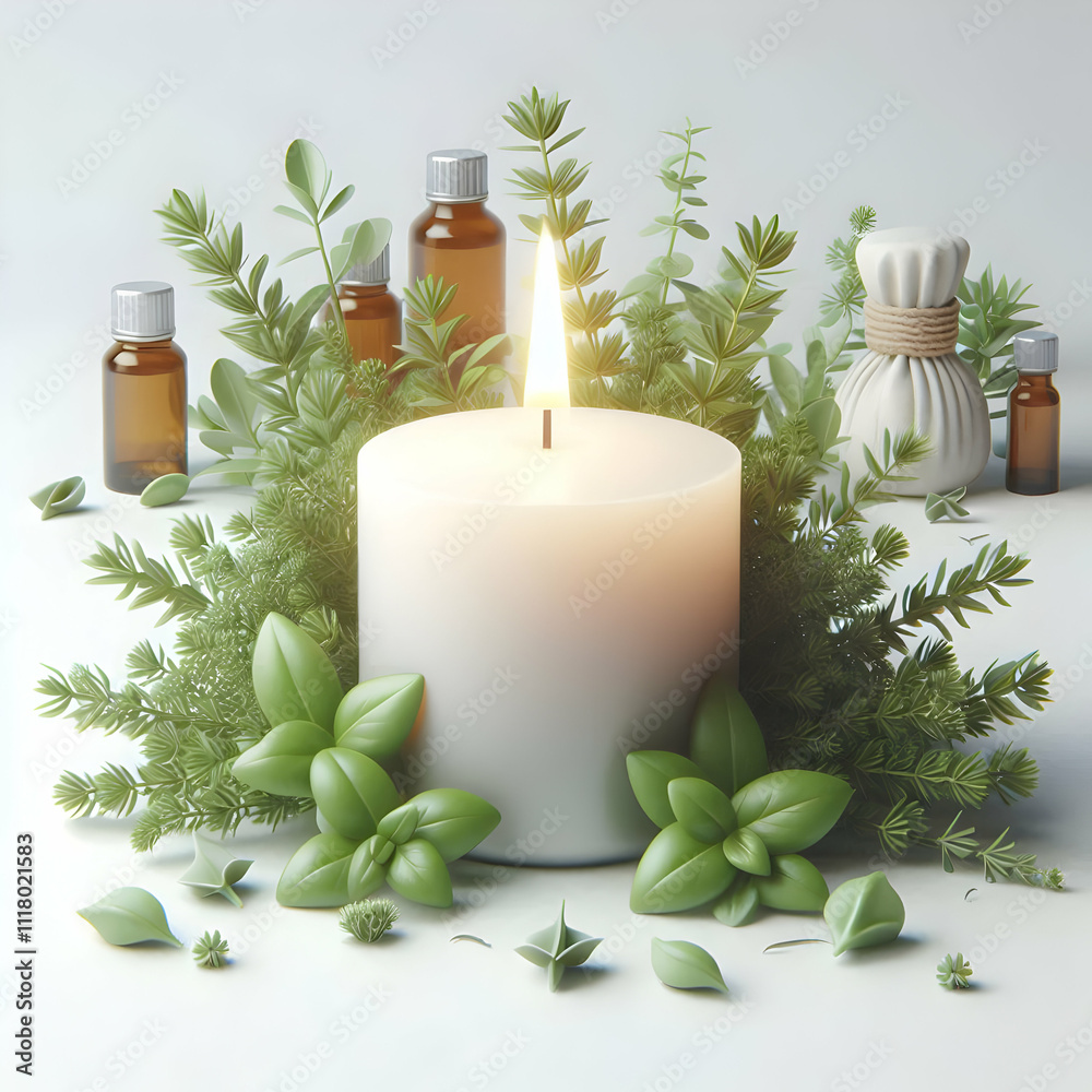 3D Close up of a serene indoor aromatherapy candle with fresh herbs copy space above. concept as Peaceful close up of a serene indoor aromatherapy candle surrounded by fresh herbs symbolizing relaxati 3D Close up of a serene indoor aromatherapy candle with fresh herbs copy space above. concept as Peaceful close up of a serene indoor aromatherapy candle surrounded by fresh herbs symbolizing relaxati