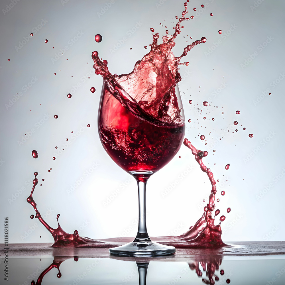 Fototapeta premium A close-up of red wine splashing dynamically, with vibrant droplets