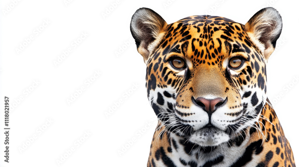 Obraz premium Close-up of a jaguar with striking golden and black patterns on white background, showcasing its fierce gaze and majestic presence.
