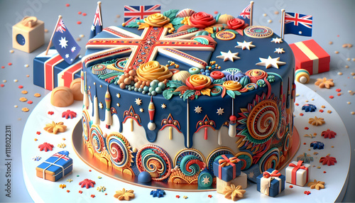 3D Close up of Australian themed Cake for Australia Day concept as Close up of Australian themed cake on festive table intricate designs vibrant colors symbolizing celebration and national pride ample photo