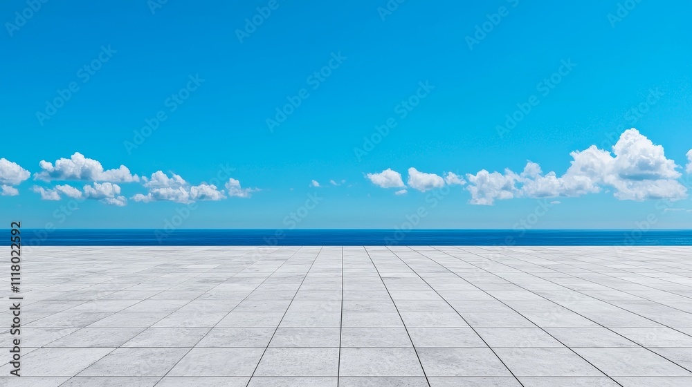 Concrete Floor Featuring an Ocean and Overcast Sky in a 3D Illustration. Concrete Floor Featuring an Ocean and Overcast Sky in a 3D Illustration.