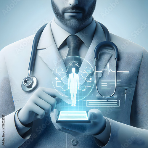 3D Close up of doctor using telemedicine handheld device copy space concept as Close up of a doctor using a telemedicine handheld device to conduct a remote examination emphasizing mobility and advanc photo