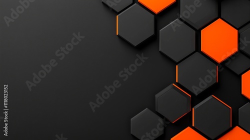 An abstract 3D background with black hexagons and lines that glow orange.
