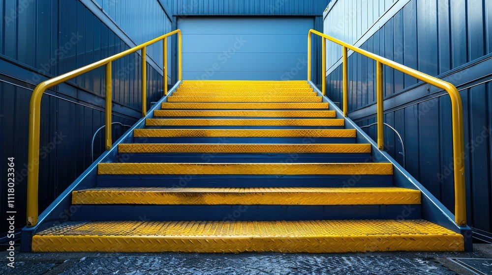 Yellow and blue industrial stairs leading to a loading dock. Yellow and blue industrial stairs leading to a loading dock.