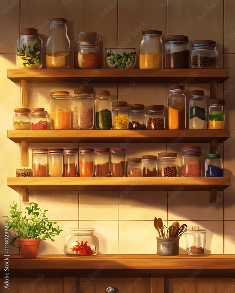 Cozy Home Cooking Vibes, Warm Kitchen Shelf Filled with Spices and Utensils Cozy Home Cooking Vibes, Warm Kitchen Shelf Filled with Spices and Utensils