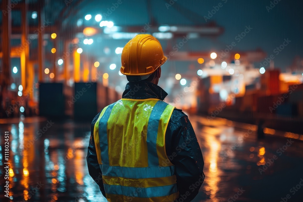 Worker in High-Visibility Vest and Hard Hat Overseeing Nighttime Operations at an Industrial Shipping Port Worker in High-Visibility Vest and Hard Hat Overseeing Nighttime Operations at an Industrial Shipping Port