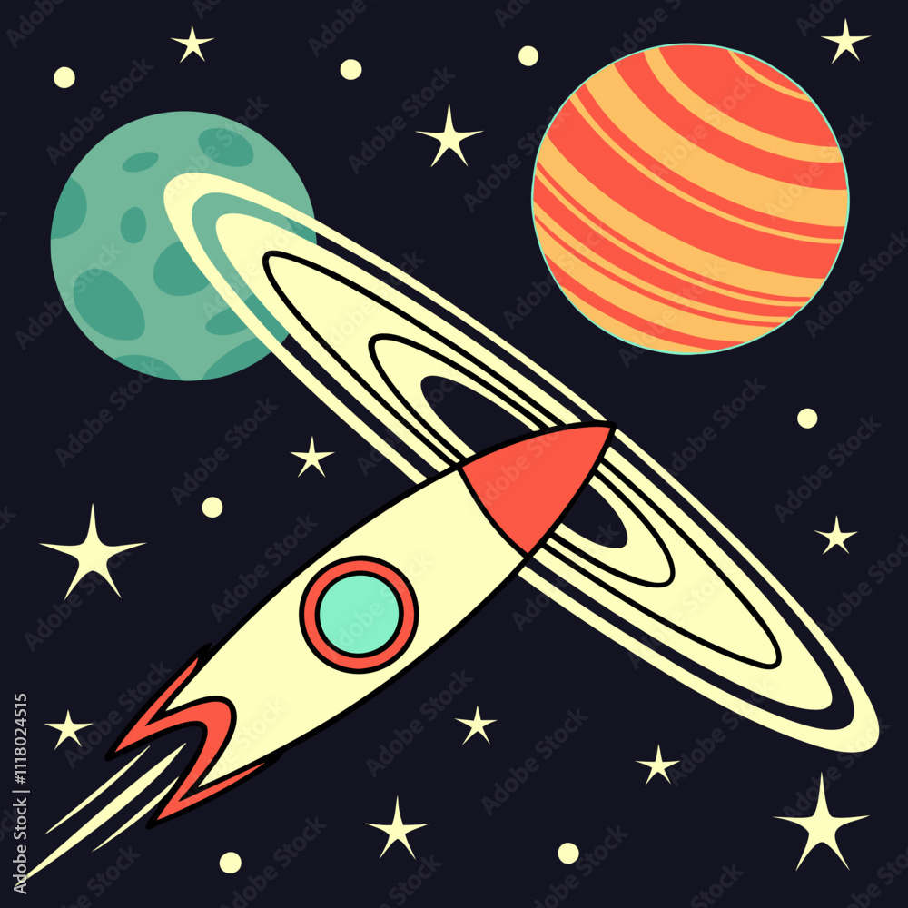 The cartoon rocket soars through the starry sky, a symbol of European space exploration The cartoon rocket soars through the starry sky, a symbol of European space exploration