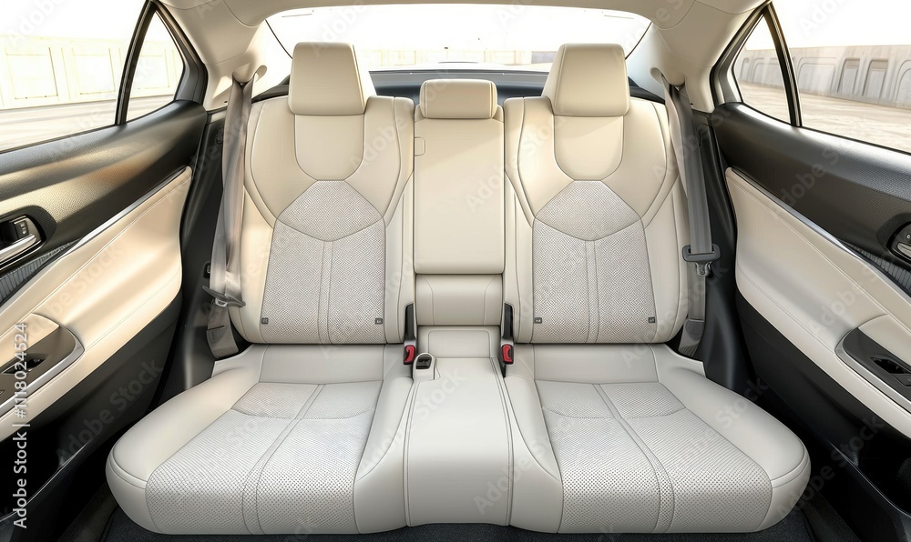 The spacious interior of a modern car showcasing the front seats and dashboard design in daylight