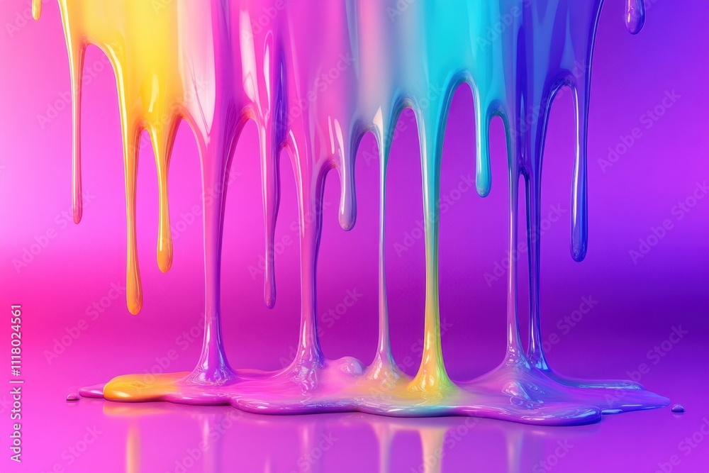 Naklejka premium Vibrant Rainbow Paint Dripping Abstract Art: Colorful Fluid Dynamics and Glossy Texture