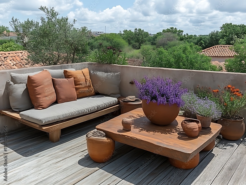 Obraz premium Rooftop Oasis Featuring Comfortable Seating and Lush Greenery