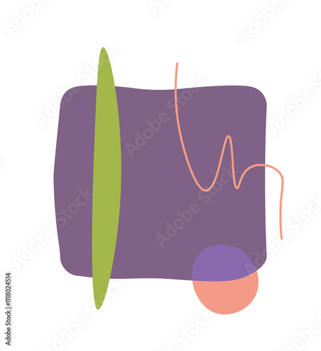 Abstract geometric figures. Violet square and red and blue circle and round. Minimalistic art object. Fantasy and imagination. Flat vector illustration