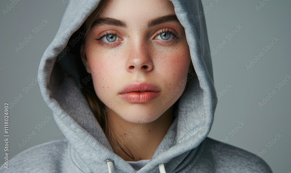 Obraz premium Intimate close-up of a young woman with deep blue eyes and a subtle expression wearing a gray hoodie