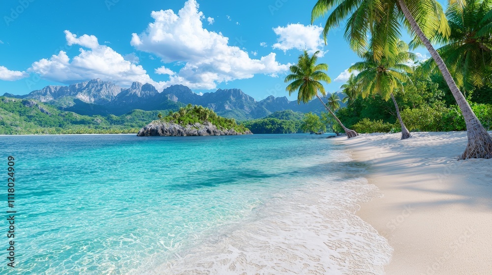 Fototapeta premium Illustration of a Tropical Beach with Palm Trees and Mountains