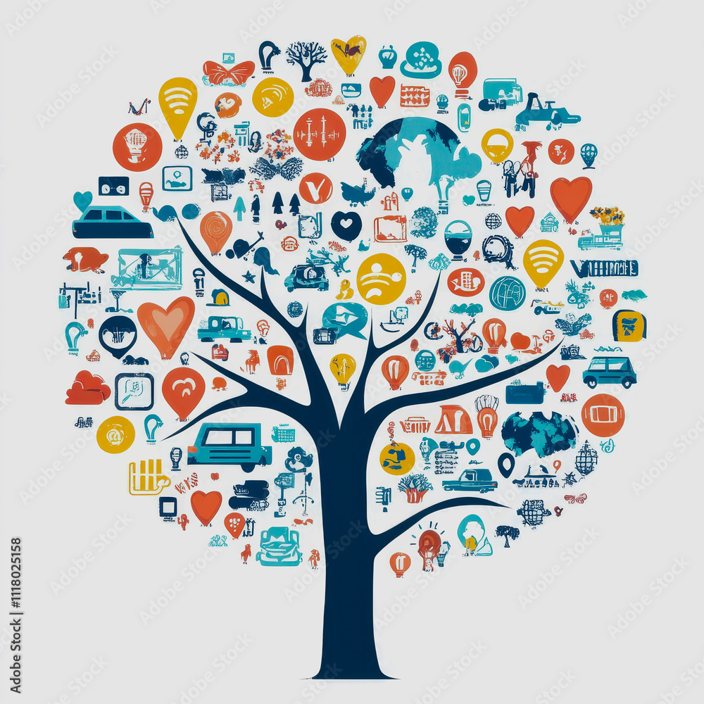 Abstract illustration of a tree filled with colorful icons representing various aspects of life, technology, nature, and community engagement in a modern design Abstract illustration of a tree filled with colorful icons representing various aspects of life, technology, nature, and community engagement in a modern design