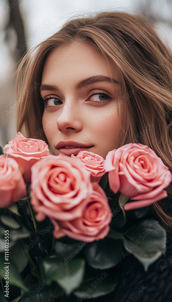Young woman receives delicate pink roses on international women s day, celebrating love and beauty Young woman receives delicate pink roses on international women s day, celebrating love and beauty