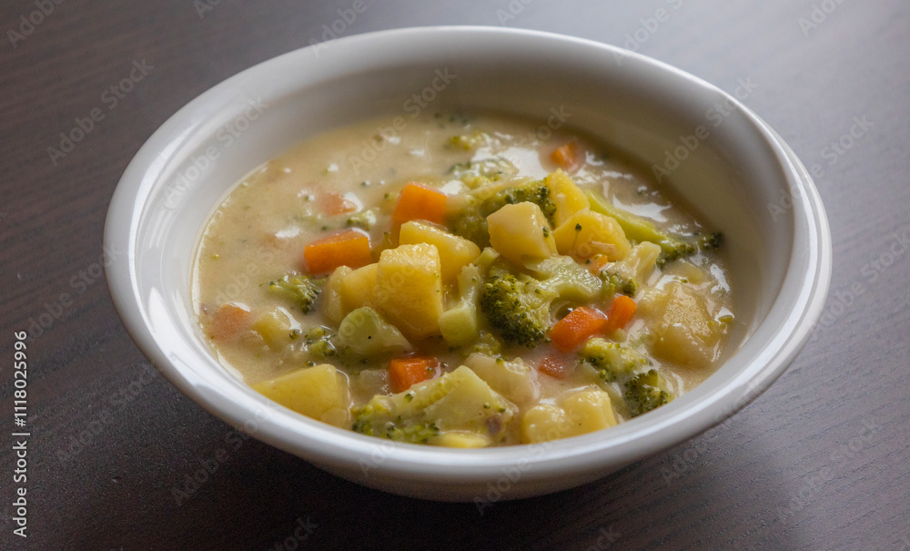 Creamy Cheesy Winter Soup with Potatoes and Broccoli – Close-Up Creamy Cheesy Winter Soup with Potatoes and Broccoli – Close-Up