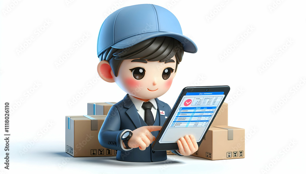 3D Close up portrait of logistics manager reviewing financial reports concept as Portrait close up of a logistics manager meticulously reviewing financial reports and expense sheets on a tablet symbol 3D Close up portrait of logistics manager reviewing financial reports concept as Portrait close up of a logistics manager meticulously reviewing financial reports and expense sheets on a tablet symbol