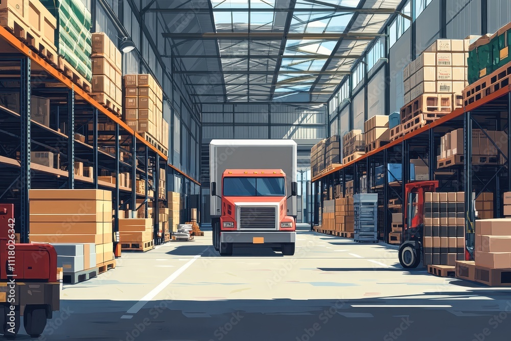 Modern Warehouse Interior with Stacked Boxes and Red Truck Under Bright Skylight in Industrial Setting Modern Warehouse Interior with Stacked Boxes and Red Truck Under Bright Skylight in Industrial Setting