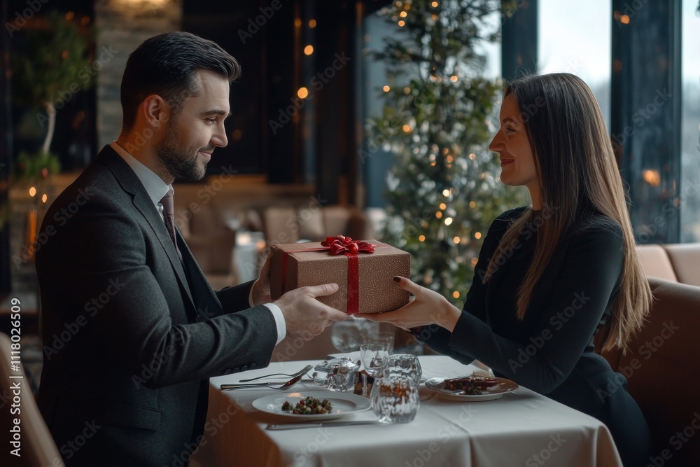 Man in suit presents gift to his partner in elegant restaurant for special celebration together Man in suit presents gift to his partner in elegant restaurant for special celebration together