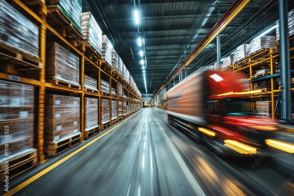 High-Speed Red Truck in Motion Inside a Modern Warehouse with Stacked Pallets and Industrial Lighting High-Speed Red Truck in Motion Inside a Modern Warehouse with Stacked Pallets and Industrial Lighting