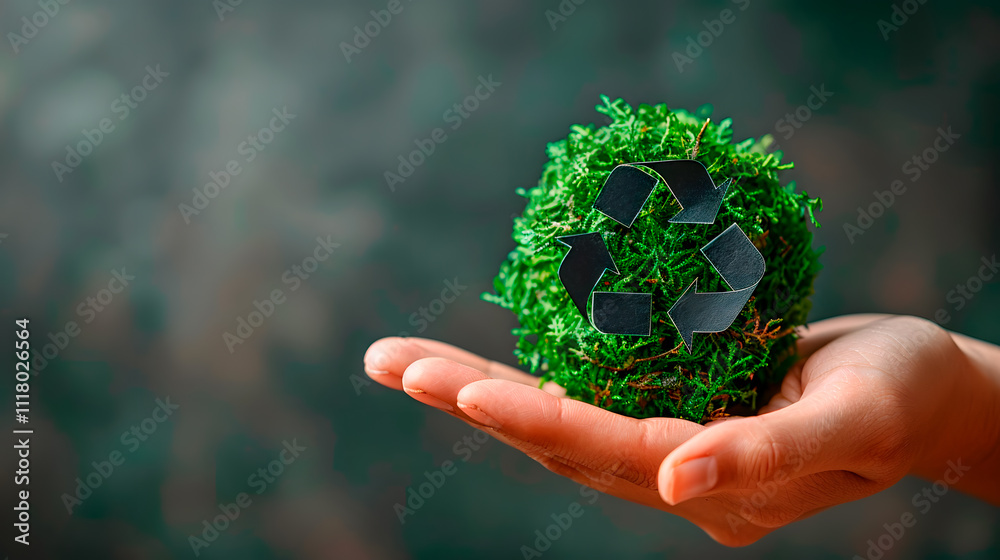 Eco-friendly concept: hand holding recycled symbol on moss for sustainability and green living Eco-friendly concept: hand holding recycled symbol on moss for sustainability and green living