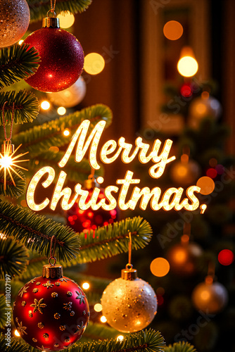 a Christmas tree with a sign that says merry Christmas on it.