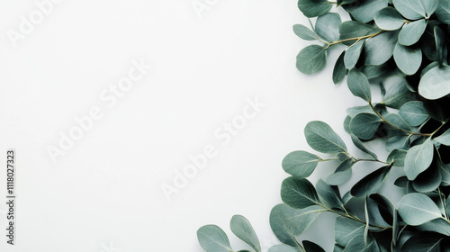 Elegant eucalyptus leaves on a crisp white background, creating a minimalist and natural aesthetic.