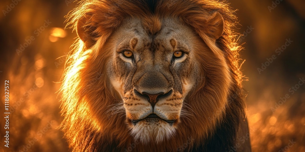 Fototapeta premium Majestic lion portrait at sunset, glowing mane.