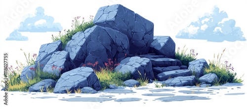 A cartoon depiction of a coastal ocean featuring rocks and clouds.