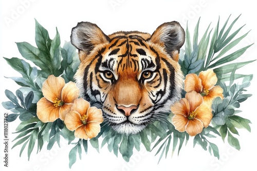 A watercolor illustration of a tiger's face surrounded by tropical flowers and greenery.