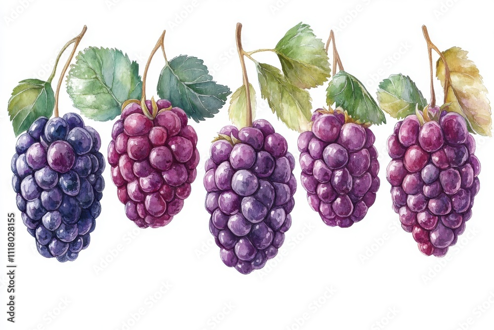 A collection of grapes illustrated with leaves, showcasing their natural colors and textures. A collection of grapes illustrated with leaves, showcasing their natural colors and textures.