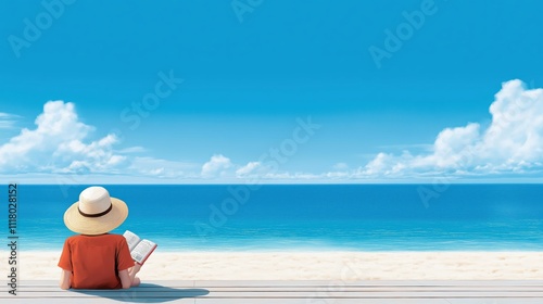 A woman enjoying a peaceful moment at the beach, sitting under a sunhat while reading a book. The calm ocean and blue sky 