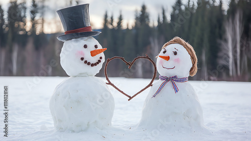 snowman and snow lady share love sign