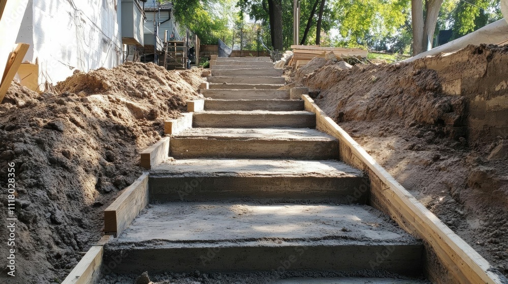 Concrete steps under construction leading to a landscaped area. Concrete steps under construction leading to a landscaped area.