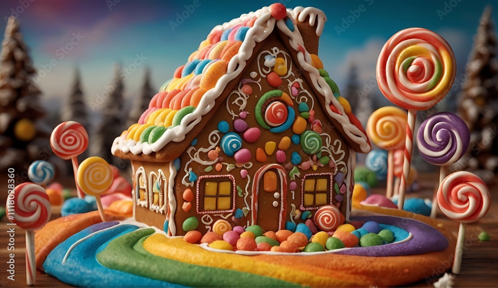 Naklejka premium Gingerbread House with Colorful Candy Landscape and Lollipop Trees