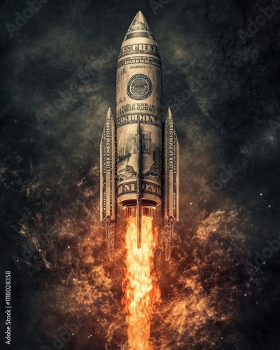 A rocket made of money launches into space, symbolizing wealth and ambition.