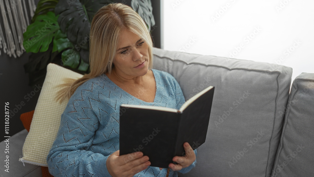 Woman reading book on cozy sofa indoors, surrounded by pillows and houseplants, wearing blue sweater, in relaxed home interior setting. Woman reading book on cozy sofa indoors, surrounded by pillows and houseplants, wearing blue sweater, in relaxed home interior setting.