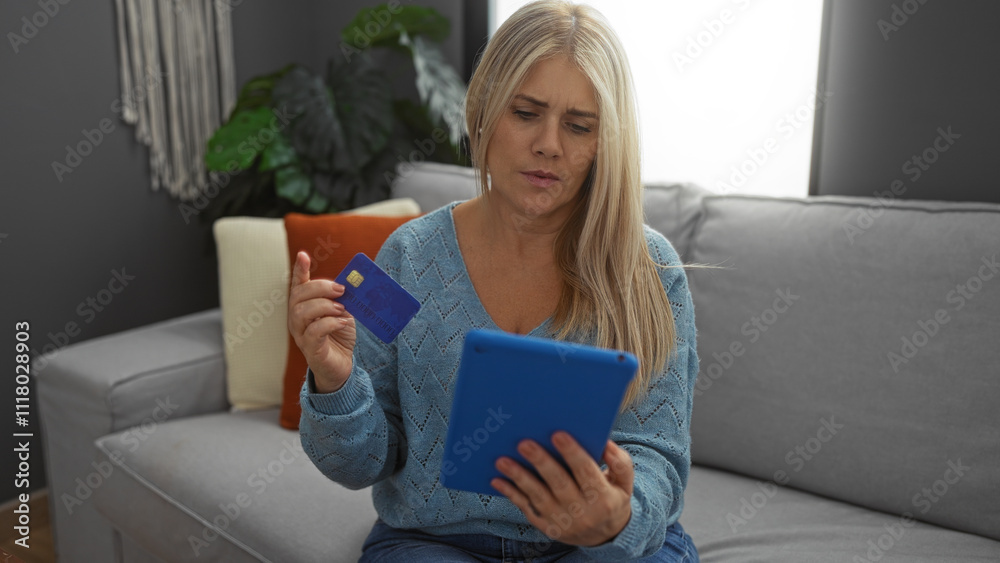 Woman shopping online with credit card and tablet in cozy living room, capturing modern lifestyle and technology ease.