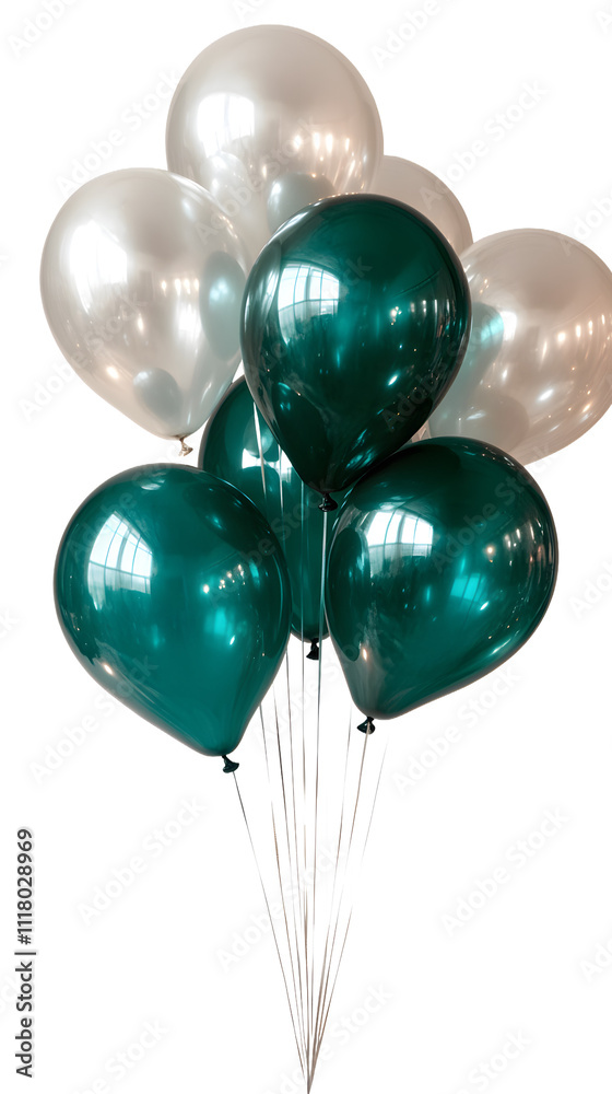 A set of green and silver shiny latex balloons for a birthday or celebration, featuring elegant and festive colors. These balloons are isolated on a transparent background, perfect for party decor, ho A set of green and silver shiny latex balloons for a birthday or celebration, featuring elegant and festive colors. These balloons are isolated on a transparent background, perfect for party decor, ho