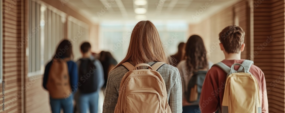 High school students walk in school hallway. Students talk and walk together. They carry backpacks. Group of teenagers with friends. Education lifestyle. Daytime school scene. High school students walk in school hallway. Students talk and walk together. They carry backpacks. Group of teenagers with friends. Education lifestyle. Daytime school scene.